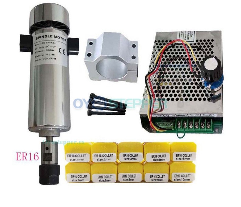 Kit de husillo CNC de 800W 0,79Nm 52mm con fuente de alimentaci&oacute;n y pinzas ER11/ER16